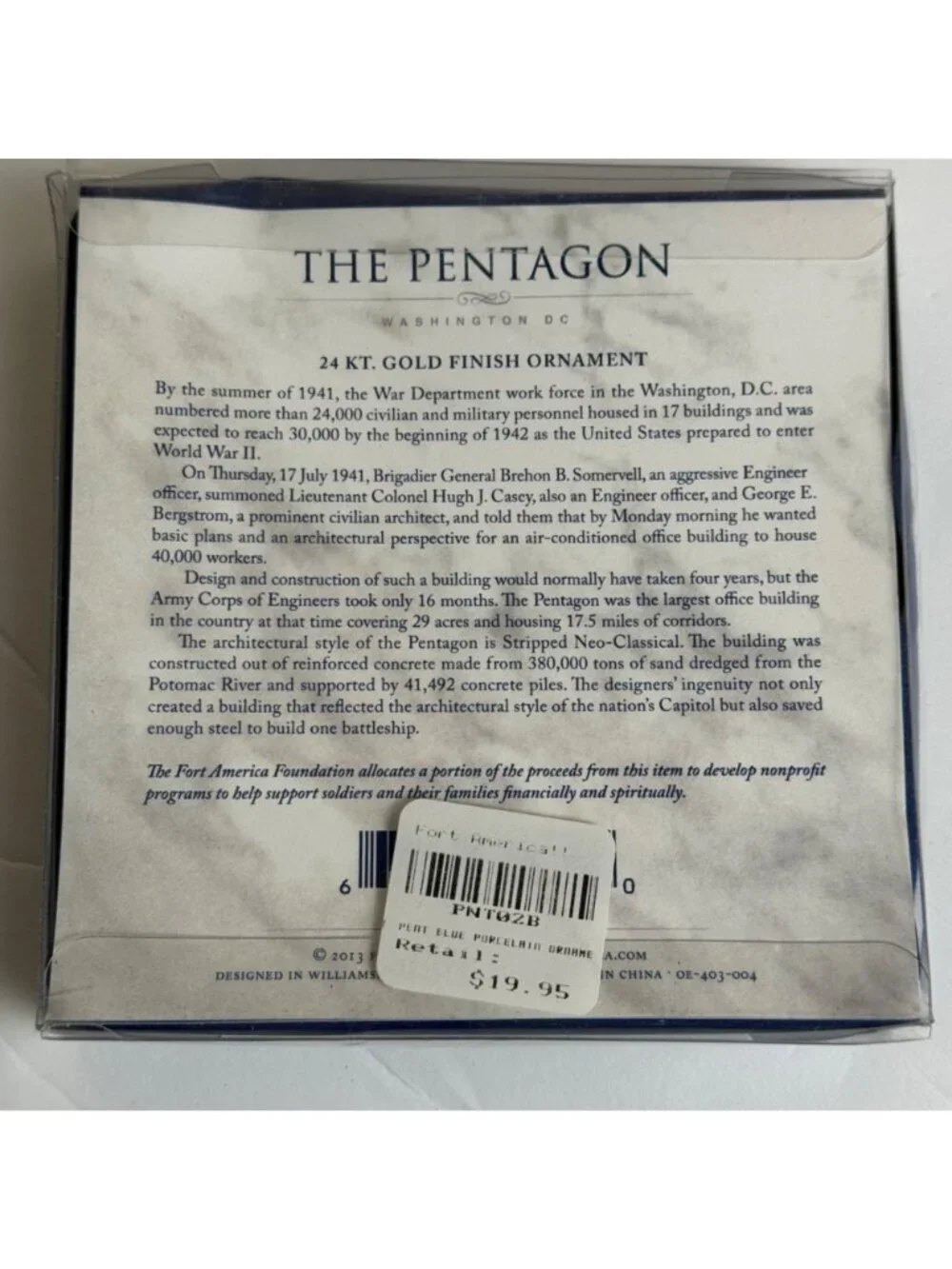 The Pentagon NIB Porcelain Brass Ornament 2013 Fort America 24 KT Gold Accents